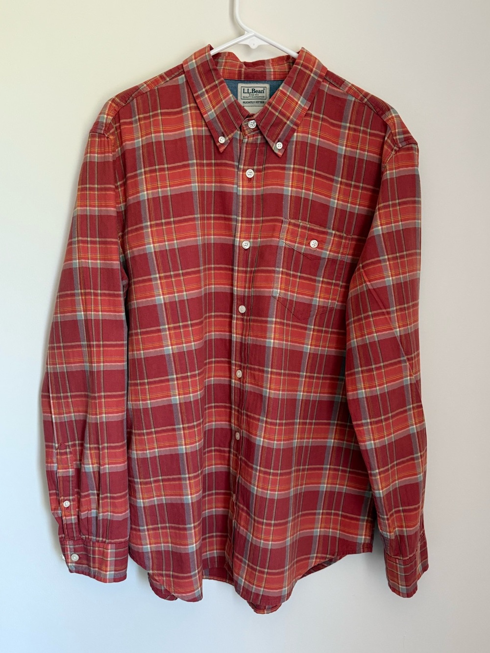 Men’s L.L. Bean Slightly Fitted Red and Orange Plaid Button-Down Shirt